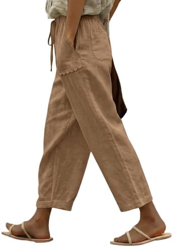 Brown Casual Linen Pants Lightweight Drawstring Elastic Waist