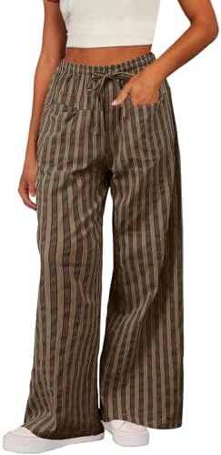Brown Casual Striped Color Block Pants Drawstring Elastic Waist