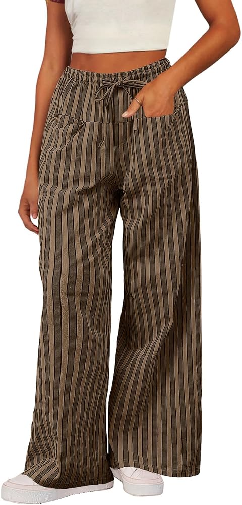 Brown Casual Striped Color Block Pants Drawstring Elastic Waist
