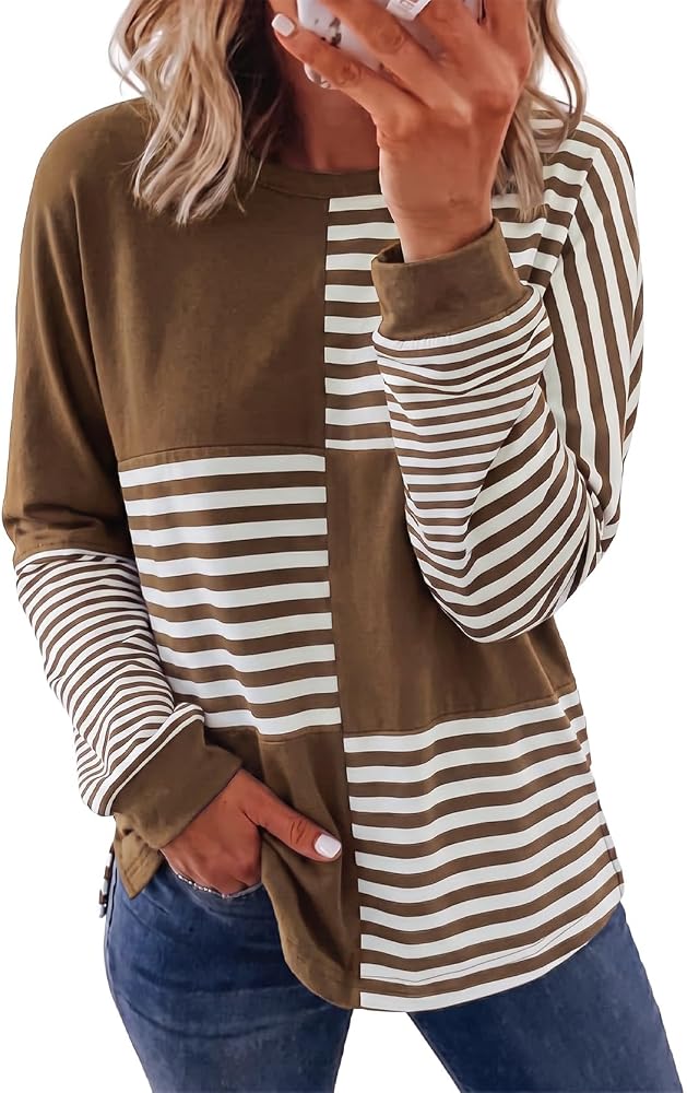 Brown Contrast Striped Tops Fashion Fall 2026 Long Sleeve