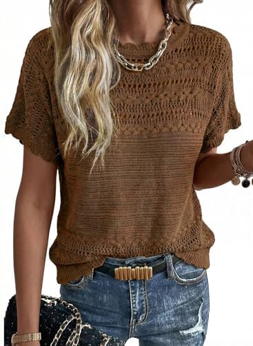 Brown Crochet Knit Sweater Crewneck Short Sleeve Top