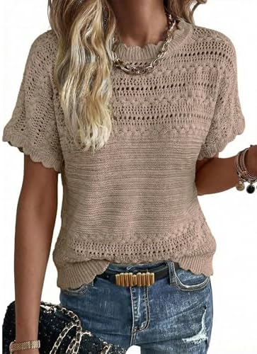 Brown Crochet Knit Sweater Crewneck Short Sleeve Top
