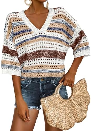 Brown Crochet Tops for Summer Short Sleeve Sweater