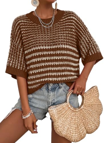 Brown Fashion 2026 Summer Oversized Striped Knit Sweater Tops 3/4