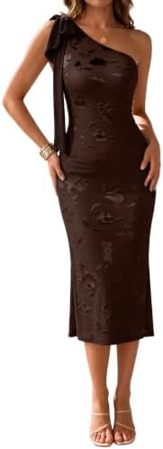 Brown Floral One Shoulder Bodycon Mesh Midi Dress