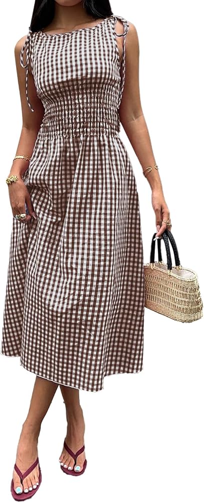 Brown Gingham Dress Flowy Maxi Beach Sun Dresses
