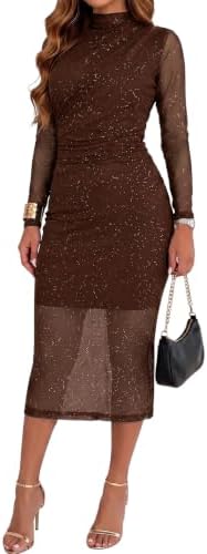 Brown Glitter Ruched Bodycon Midi Dresses 2026 Fashion Sparkly