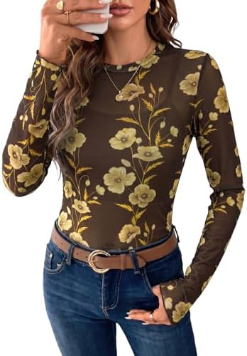 Brown Long Sleeve Floral Mesh Tops