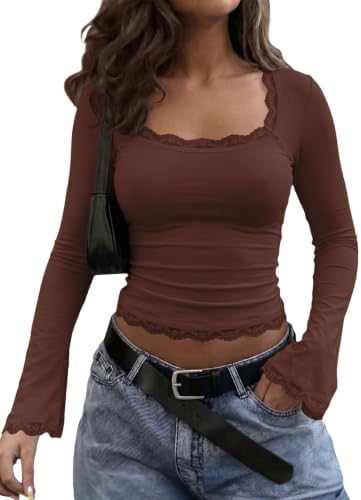 Brown Long Sleeve Lace Trim Squared Neck Tops
