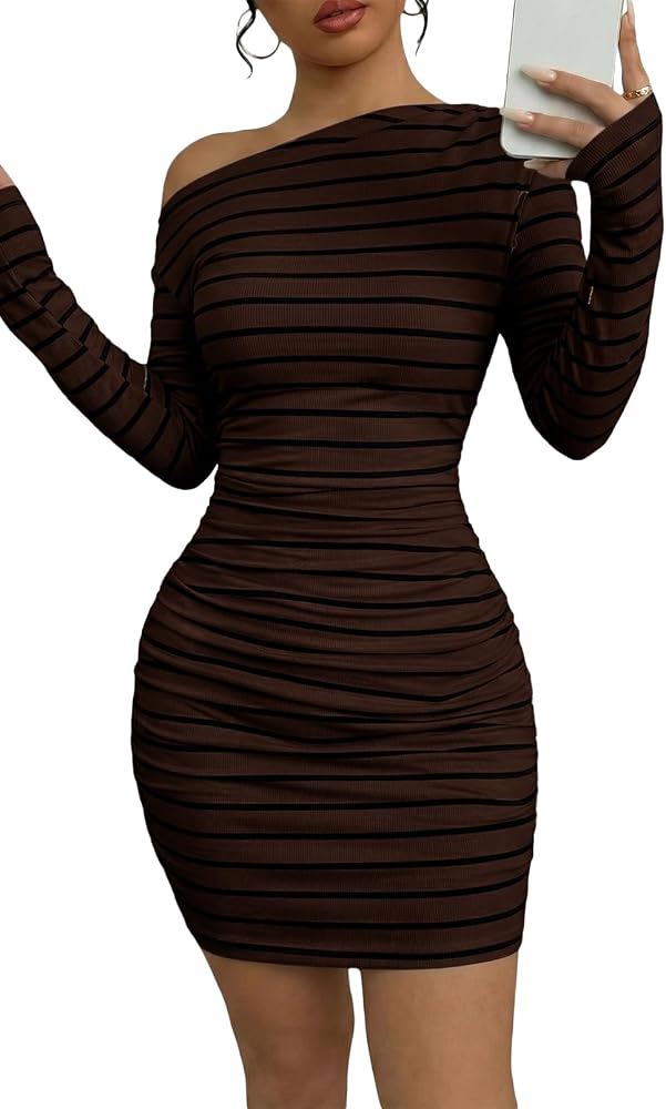 Brown Off the Shoulder Striped Long Sleeve Dress