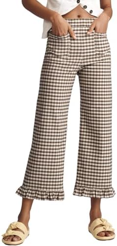 Brown 's Gingham Pants Ruffle Cropped Trousers