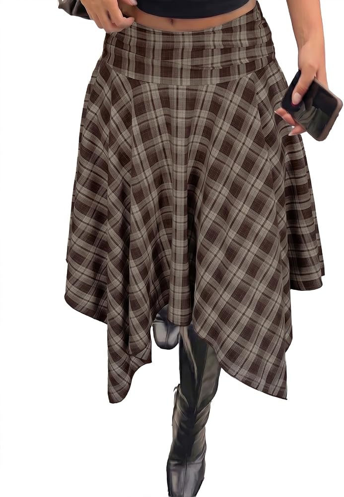 Brown 's Plaid Midi Skirt, Dark , Medium | High Waist, Flowy A