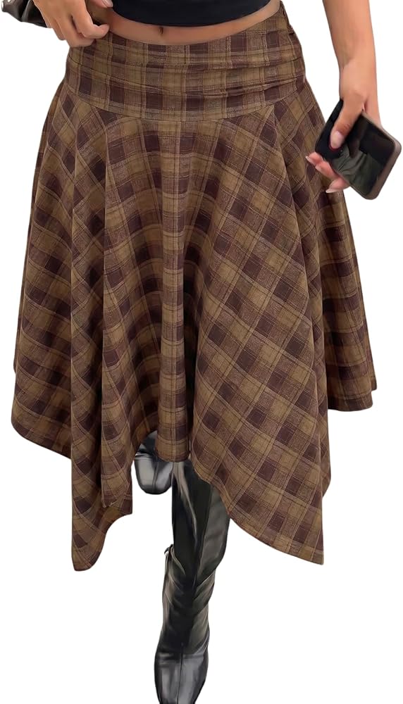 Brown 's Plaid Midi Skirt, , Large | High Waist, Flowy A Line