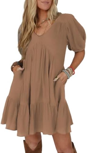 Brown Short Sleeve Babydoll Mini Dress