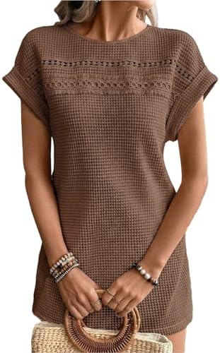 Brown Summer 2026 Waffle Knit Short Sleeve Crewneck Beach Cover