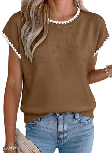 Brown Summer Short Sleeve Sweater Knit Tops