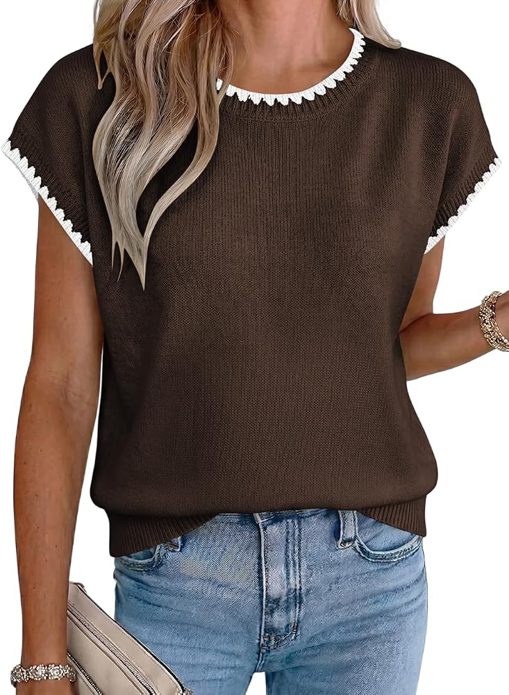 Brown Summer Short Sleeve Sweater Knit Tops