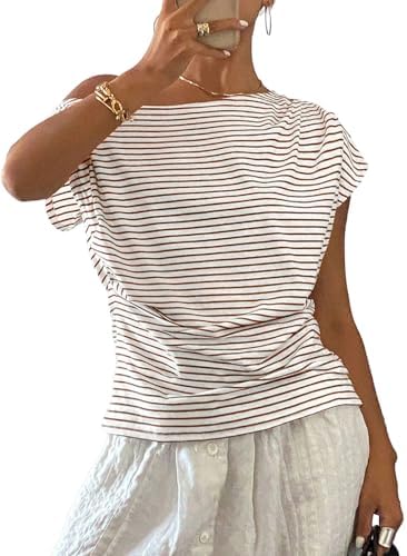 Brown Summer Striped Off the Shoulder Tops