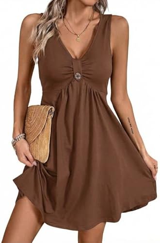 Brown V Neck Sleeveless Ruffle Sundress High Waist Dress