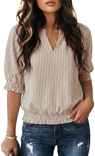 Brown Vertical Striped Short Puff Sleeve Blouse Fashion 2026