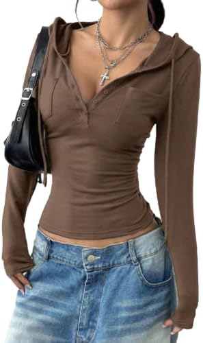 Brown Y2K Cropped Hoodie Long Sleeve Top