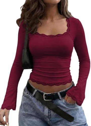 Burgundy Long Sleeve Lace Trim Squared Neck Tops