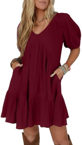 Burgundy Short Sleeve Babydoll Mini Dress