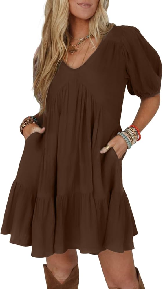 Chicory Coffee Short Sleeve Babydoll Mini Dress