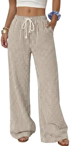 Coffee Striped Wide Leg Linen Pants