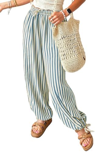 Dark Blue Casual Striped Wide Leg Pants Drawstring Elastic High