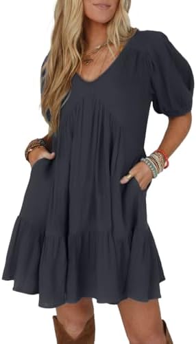 Dark Gray Short Sleeve Babydoll Mini Dress