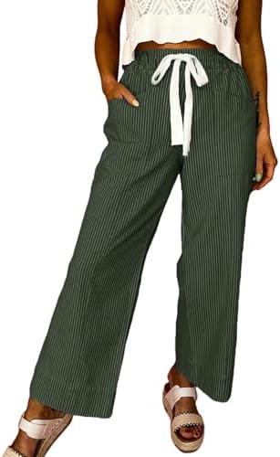 Dark Green Casual Fashion 2026 Spring Striped Pants Elastic Waist