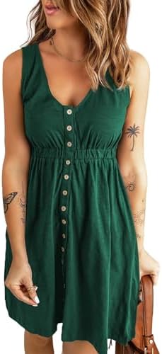 Dark Green Casual Summer V Neck Sleeveless A Line Dresses Pleated