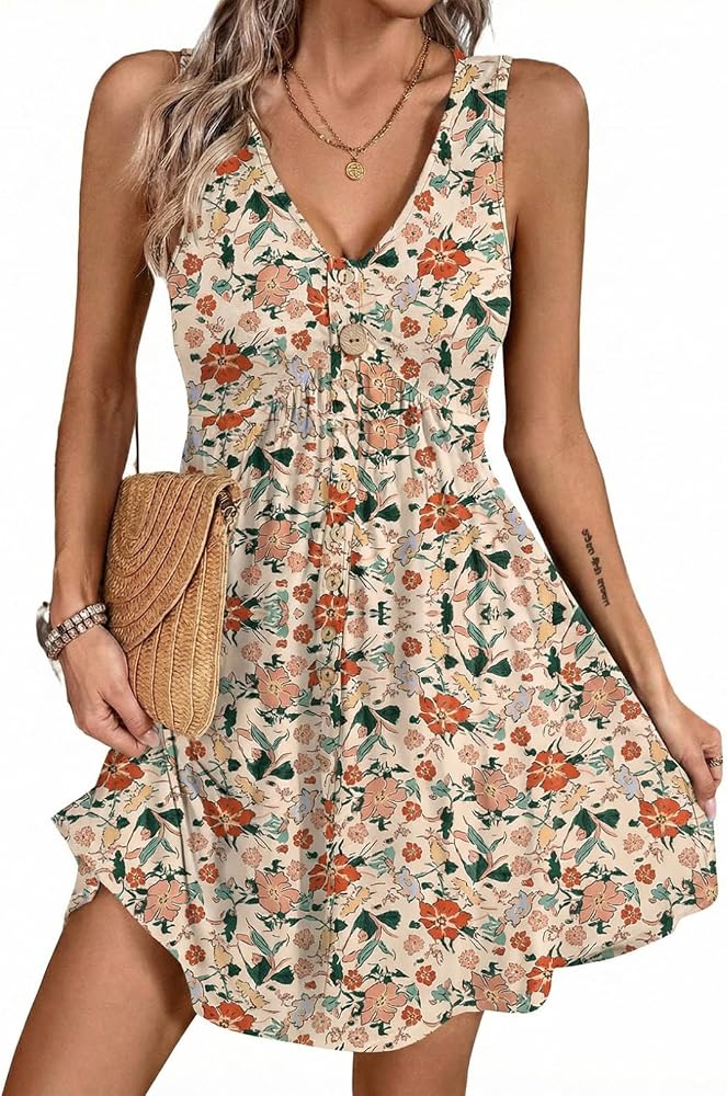 Floral Beige V Neck Sleeveless Floral Ruffle Sundress High Waist