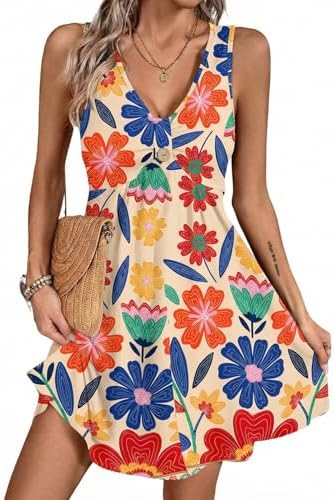 Floral Yellow V Neck Sleeveless Floral Ruffle Sundress High Waist