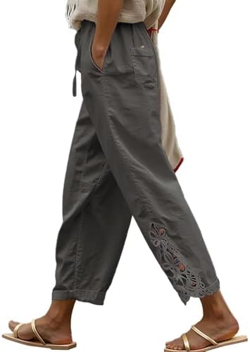 Gray Casual Linen Pants Lightweight Drawstring Elastic Waist Fall