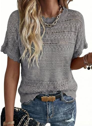 Gray Crochet Knit Sweater Crewneck Short Sleeve Top