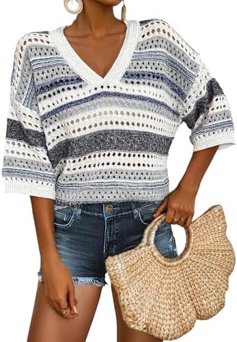 Gray Crochet Tops for Summer Short Sleeve Sweater