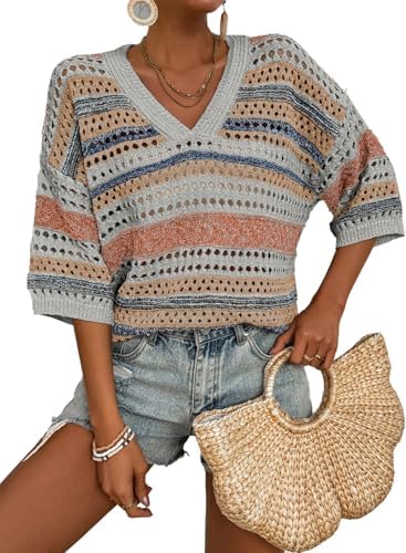 Gray Crochet Tops for Summer Short Sleeve Sweater