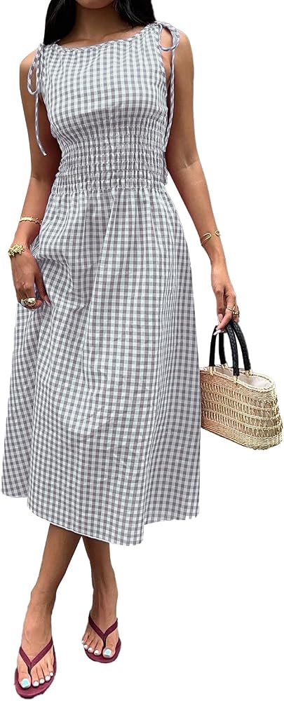 Gray Gingham Dress Flowy Maxi Beach Sun Dresses