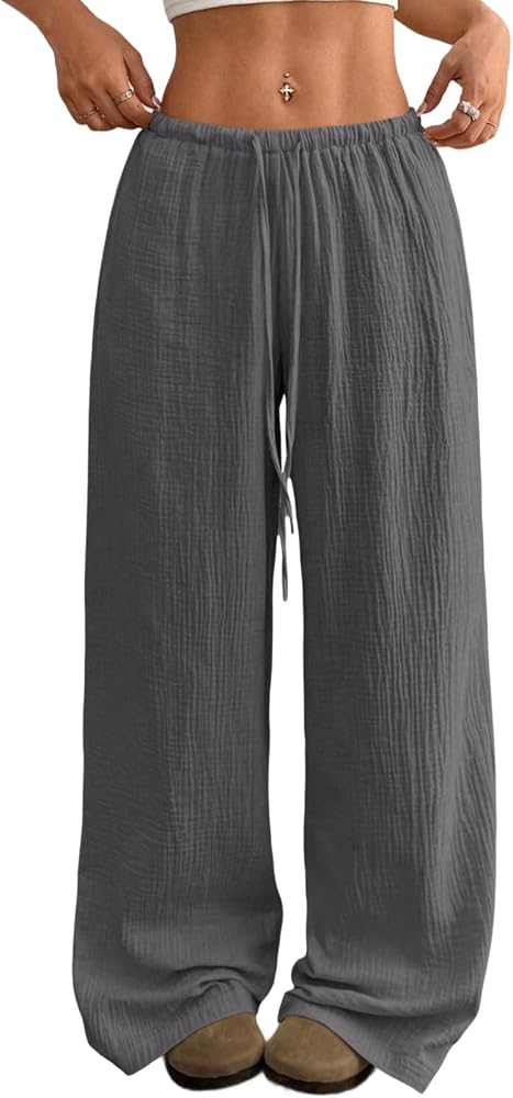 Gray Linen Pants Wide Leg Beach Trousers