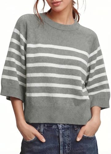 Gray Striped 3/4 Sleeve Sweaters Fall Knit Tops