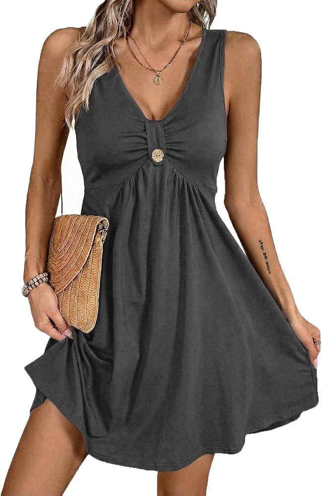 Gray V Neck Sleeveless Ruffle Sundress High Waist Dress