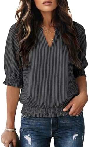 Gray Vertical Striped Short Puff Sleeve Blouse Fashion 2026