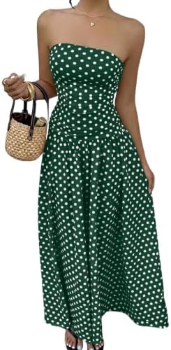 Green and White Polka Dot Strapless Maxi Tube Dress
