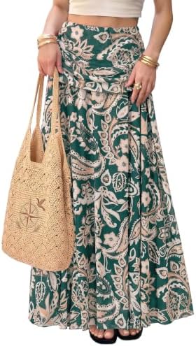 Green Bohemian A-Line Maxi Skirt Mesh Paisley Print Vacation Beach