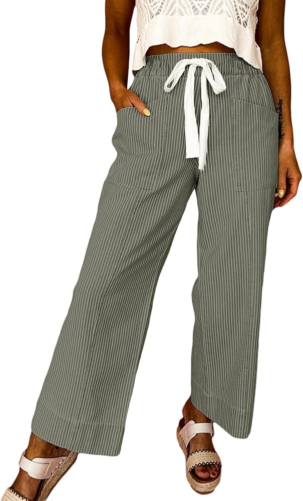Green Casual Fashion 2026 Fall Striped Pants Elastic Waist High