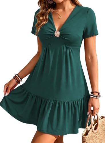 Green Casual Fashion 2026 Summer V Neck Short Sleeve Mini
