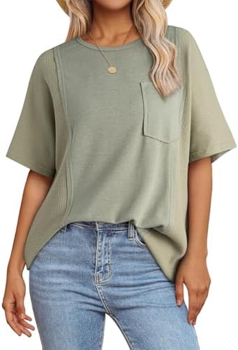 Green Casual Short Sleeve Waffle Knit T-Shirts Summer Crewneck