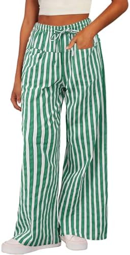 Green Casual Striped Color Block Pants Drawstring Elastic Waist